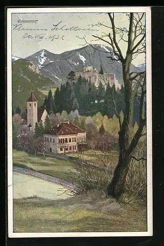 Künstler-AK Semmering, Ortspartie mit Kirche