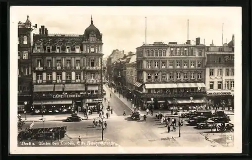 AK Berlin, Unter den Linden Ecke Friedrichstrasse, Café u. d. Linden, Restaurant Kranzler