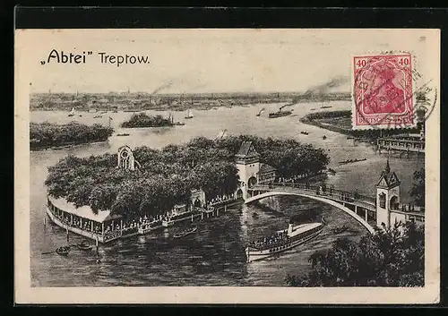 AK Berlin-Treptow, Blick auf die Abtei und Brücke zur Insel aus der Vogelschau, Dampfschiff