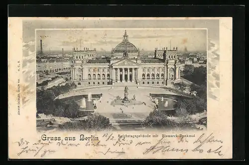 AK Berlin, Wasserspiele vor dem Reichstagsgebäude, Bismarckdenkmal