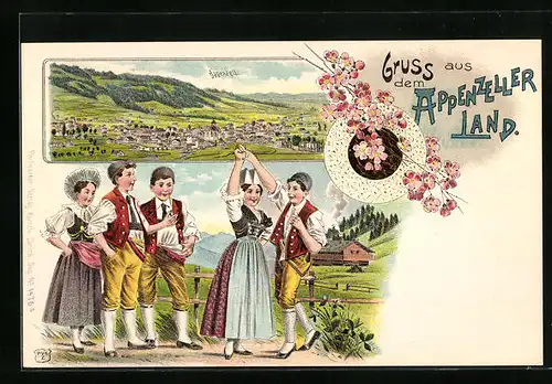Lithographie Appenzell, Gesamtansicht, Mädchen und Burschen in Tracht, Blumen