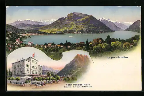 AK Lugano-Paradiso, Ortsansicht mit See, Hotel Pension Flora