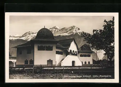 AK Altdorf, Schlossanlage vor Berggipfeln, offizielle Festkarte