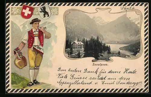 Passepartout-Lithographie Seealpsee, Haus am Bergsee, Wappen, Trachtenbursche mit Kuhglocke