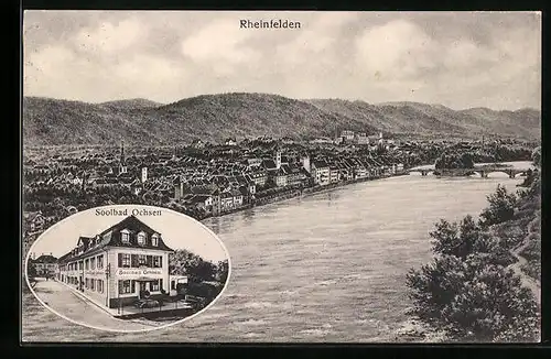 AK Rheinfelden, Ortsansicht mit Rheinbrücke, Soolbad Ochsen