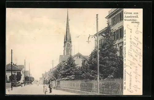 AK Amrisweil, Partie an der Weinfelder Strasse mit Kirchturm