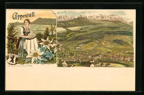 Lithographie Appenzell, Gesamtansicht mit Bergpanorama, Appenzellerin mit Stickrahmen, Wappen