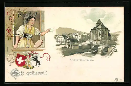 Lithographie Appenzell, Partie an der Kirche, Grüssende Appenzellerin, Wappen