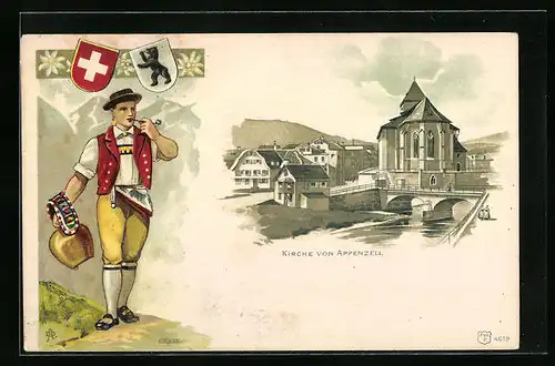 Lithographie Appenzell, Kirche mit Brücke, Appenzeller mit Kuhglöcke