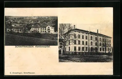 AK Schaffhausen, Kantonsspital mit Umgebung aus der Vogelschau und Gebäudeansicht