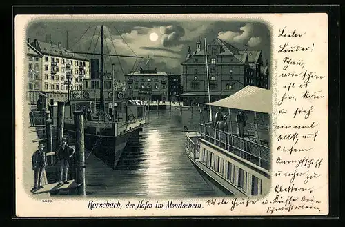 Lithographie Rorschach, Hafenpartie im Mondschein