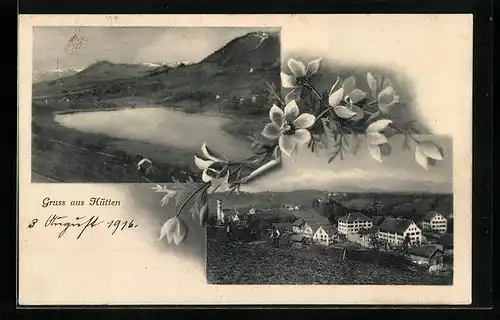 Künstler-AK Hütten, Teilansicht, Seepartie, Blumen