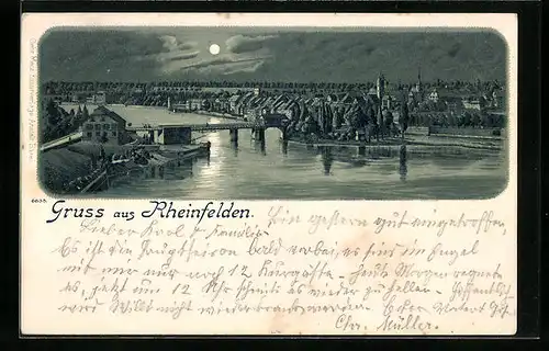 Mondschein-AK Rheinfelden, Teilansicht mit Brücke