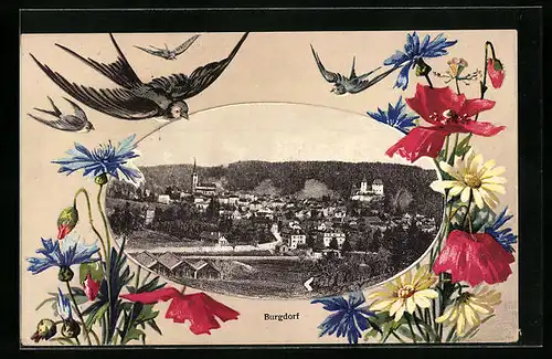 Passepartout-Lithographie Burgdorf, Gesamtansicht, Schwalben, Blumen