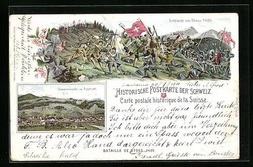 Lithographie Appenzell, Gesamtansicht, Schlacht am Sass im Jahr 1405