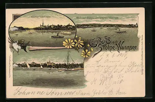 Lithographie Stolpe-Wannsee, Blick auf den Ort vom kleinen Wannsee, Blick über den grossen Wannsee, Kleiner Wannsee