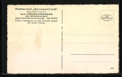 AK Berlin-Oberschöneweide, Restaurant Spreeschloss, Am Wilhelmstrand