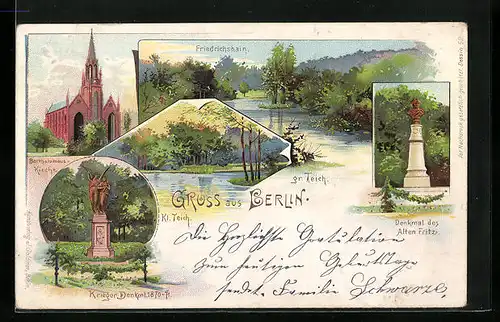 Lithographie Berlin-Friedrichshain, Gr. Teich, Bartholomäus-Kirche, Denkmal des Alten Fritz