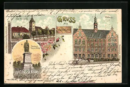 Lithographie Berlin-Schöneberg, Rathaus, Alte Pfarrkirche, Denkmal Kaiser Wilhelm I.