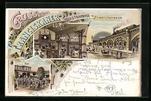 Lithographie Berlin, Inneres Gasthaus Franziskaner, Garten, Bahnhof Friedrichstrasse