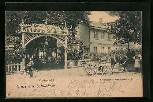 AK Berlin-Grunewald, Gasthaus Schildhorn mit Pferdewagen, Vorderansicht