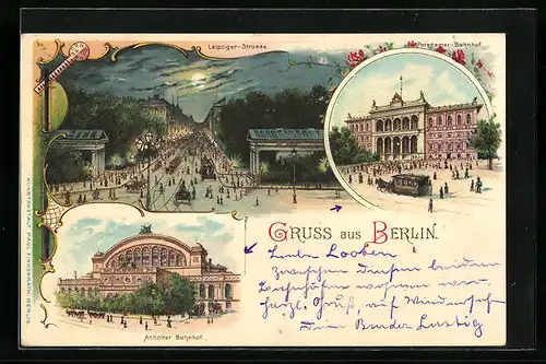 Lithographie Berlin, Leipziger-Strasse und Anhalter Bahnhof