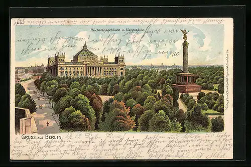 Lithographie Berlin, Reichstagsgebäude und Siegessäule