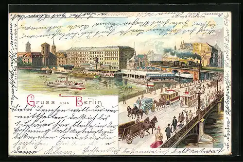 Lithographie Berlin, Spreeblick mit Jannowitzbrücke