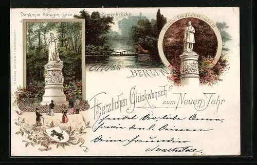 Lithographie Berlin, Denkmal der Königin Luise, Löwenbrücke