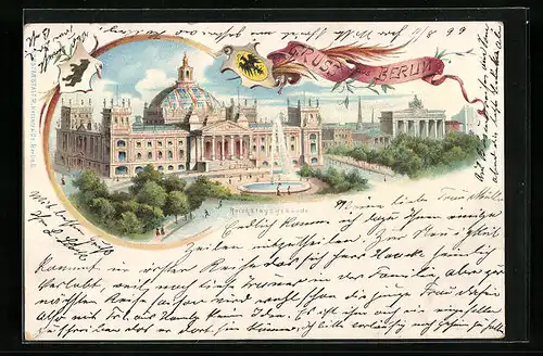 Lithographie Berlin, Reichstagsgebäude mit Springbrunnen