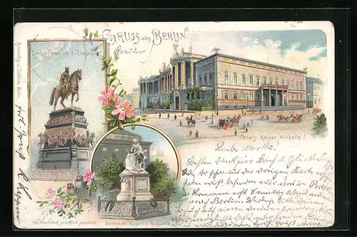 Lithographie Berlin, Palais Kaiser Wilhelm I., Denkmal Kaiserin Augusta