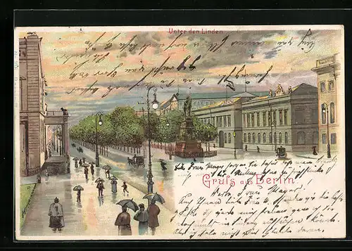 Lithographie Berlin, Unter den Linden im Regen