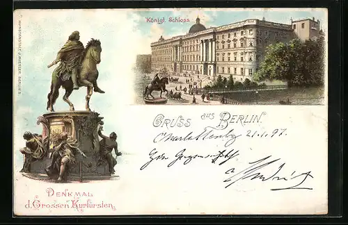 Lithographie Berlin, Kgl. Schloss, Denkmal des Grosssen Kurfürsten