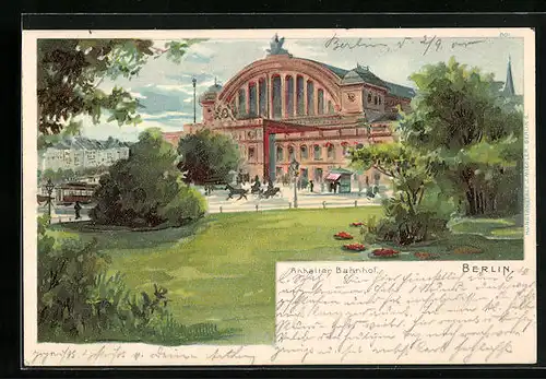 Lithographie Berlin, Anhalter Bahnhof mit Parkanlage