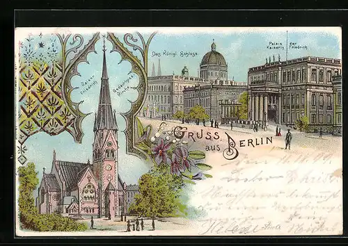 Lithographie Berlin, Partie am Königl. Schloss, Gedächtniskirche