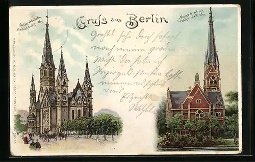 Lithographie Berlin, Gedächtniskirchen Kaiser Wilhelm und Kaiser Friedrich