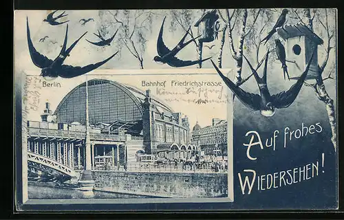 Passepartout-AK Berlin, Bahnhof Friedrichstrasse, Schwalben und Nistkästen