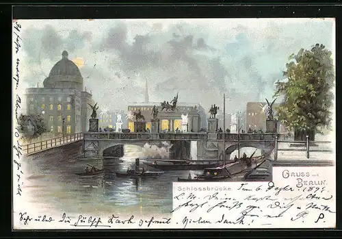 Lithographie Berlin, Schlossbrücke bei Vollmond