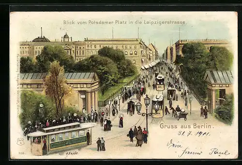 Lithographie Berlin, Blick vom Potsdamer Platz in die Leipzigerstrasse, mit Strassenbahn