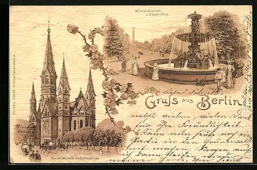 Lithographie Berlin, Wrangelbrunnen und Siegesallee, Kaiser Wilhelm Gedächtniskirche