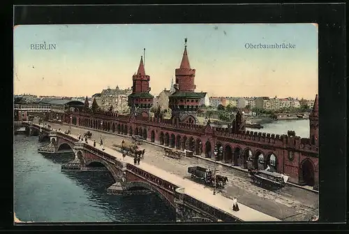 AK Berlin, Strassenartie an der Oberbaumbrücke mit Hochbahn