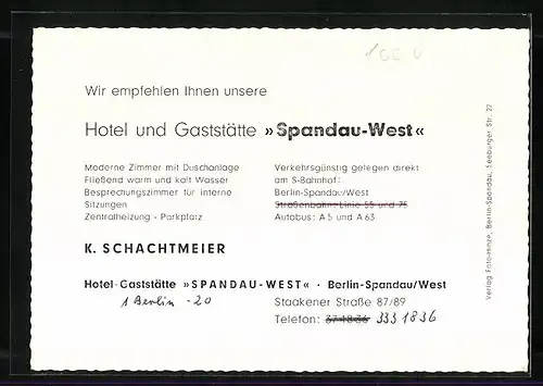 AK Berlin-Spandau, Hotel und Gaststätte Spandau-West in der Staakener Strasse 87 /89
