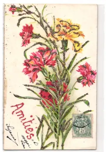 Glitzer-Perl-AK Rote und gelbe Nelken mit Glitzer-Perlen