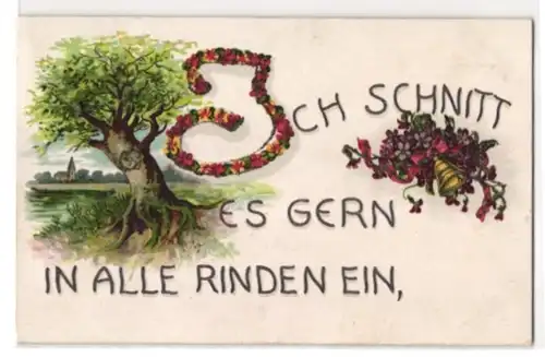 Glitzer-Perl-AK Baum mit eingeschnittenem Herz, Schrift mit Glitzer-Perlen