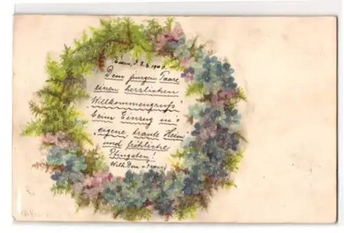 Glitzer-Perl-AK Kranz aus Moos und Blumen mit Glitzer-Perlen