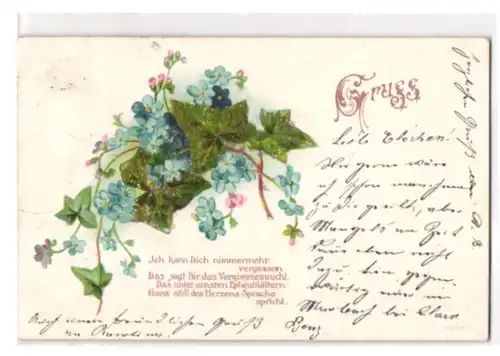 Glitzer-Perl-AK Vergissmeinnicht und Efeu mit Glitzer-Perlen