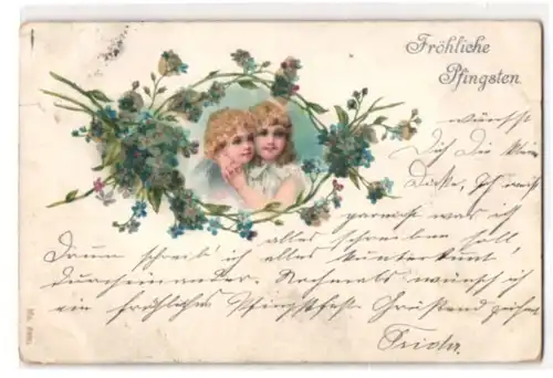 Glitzer-Perl-AK Kleines Paar im Kranz aus Vergissmeinnicht mit Glitzer-Perlen