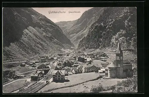 AK Goeschenen, Ortspartie aus der Vogelschau, Gotthardbahn