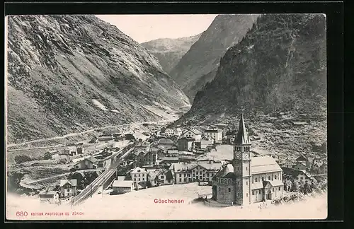 AK Goeschenen, Ansicht des Ortes mit den Gleisen der Gotthardbahn