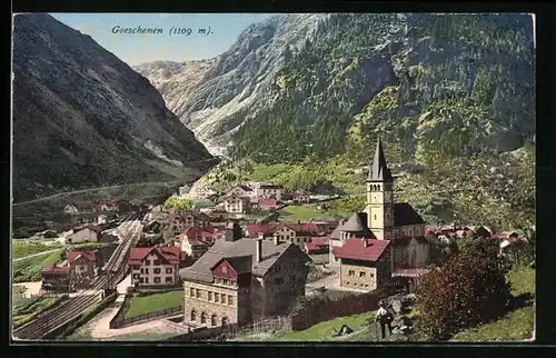 AK Goeschenen, Ortsansicht mit der Gotthardbahn